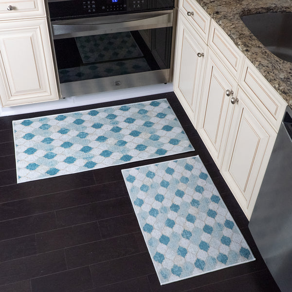 Moroccan Design Non Skid Washable Kitchen Runner Rugs Set of 2| 44 x 24 and 31.5 x 20 Inches Floor Mats |Beige&Blue