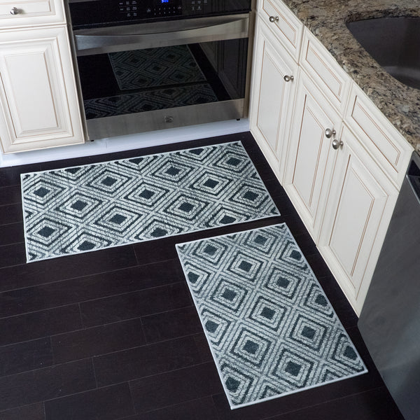 Geometric Design Non Skid Washable Kitchen Runner Rugs Set of 2| 44 x 24 and 31.5 x 20 Inches Floor Mats |Gray