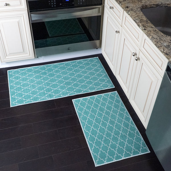 Geometric Design Non Skid Washable Kitchen Runner Rugs Set of 2| 44 x 24 and 31.5 x 20 Inches Floor Mats |Turquoise