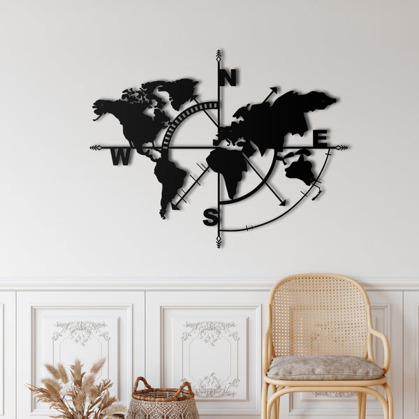 World Map Compass Metal Wall Art