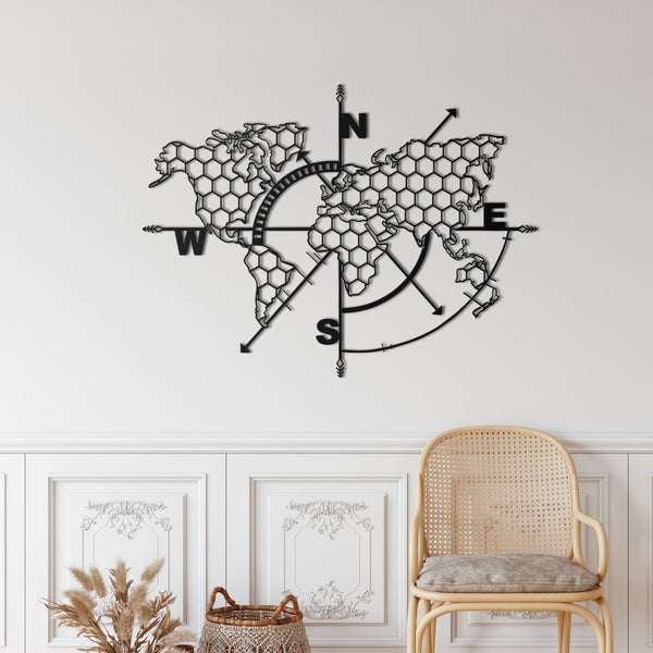 Honeycomb World Map Compass Metal Wall Art