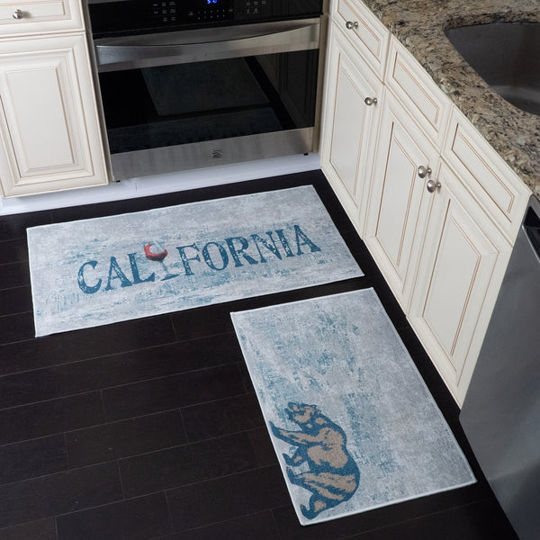 US States California Design Non Skid Washable Kitchen Runner Rugs Set of 2| 44 x 24 and 31.5 x 20 Inches Floor Mats|Blue