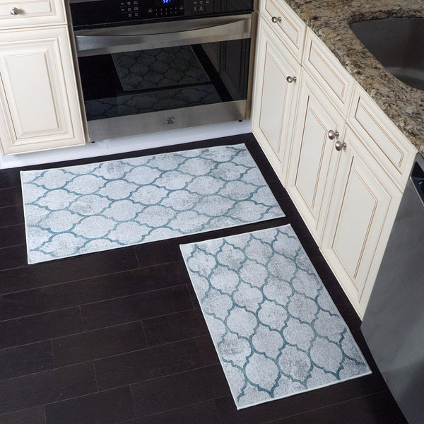 Geometric Design Non Skid Washable Kitchen Runner Rugs Set of 2| 44 x 24 and 31.5 x 20 Inches Floor Mats |Gray&Teal