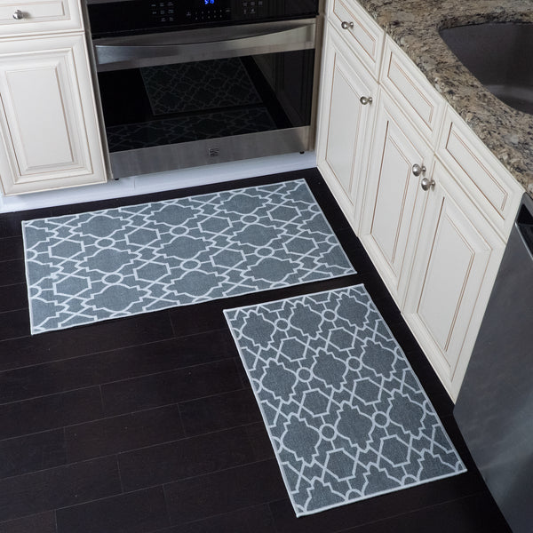 Geometric Graphic Design Non Skid Washable Kitchen Runner Rugs Set of 2| 44 x 24 and 31.5 x 20 Inches Floor Mats |Gray