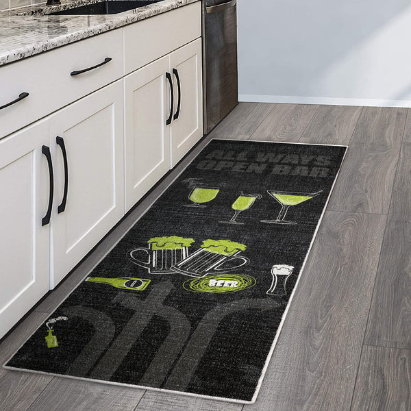 SussexHome Non Skid Washable Wine Bar Decorative Floor Rug 20" x 59" | Black&Green