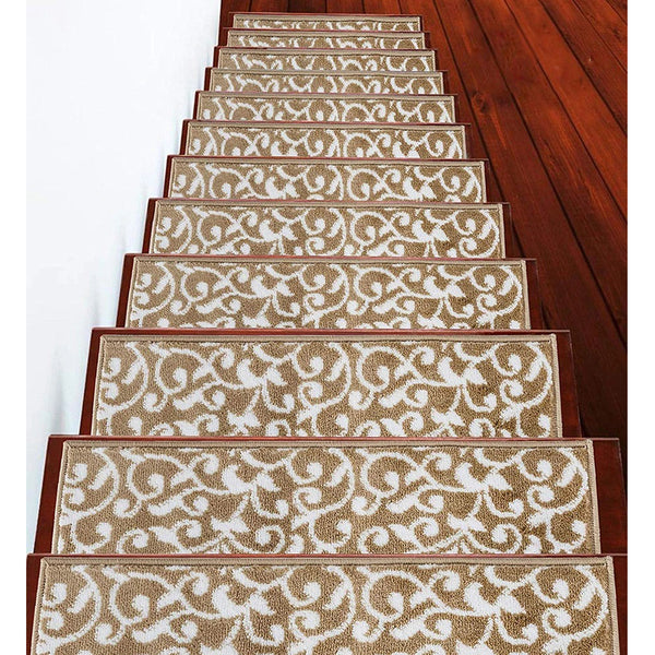 Stair Treads Rug 9"x28" Leaves Collection | Beige & White