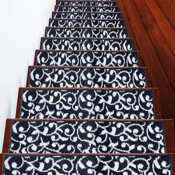 Stair Treads Rug 9"x28" Leaves Collection | Navy-White