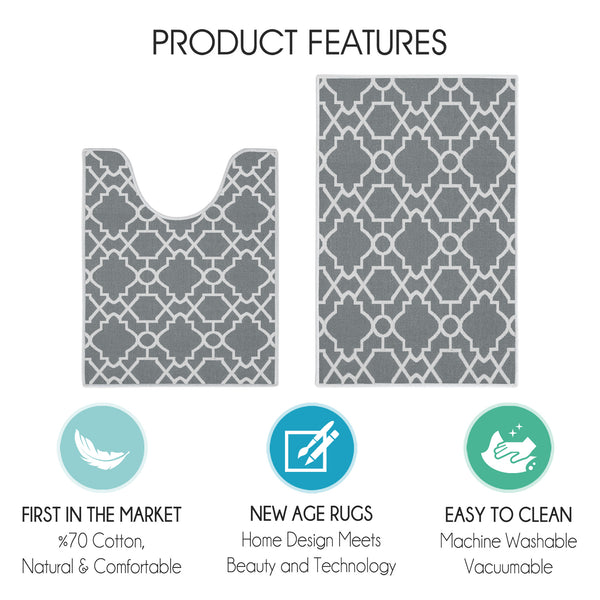 Geometric Graphic Design 2 Piece Bathroom Rugs Set | Gray