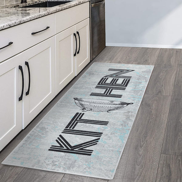 SussexHome Non Skid Washable Kitchen Runner Rug 20" x 59" | Gray&Black&Blue