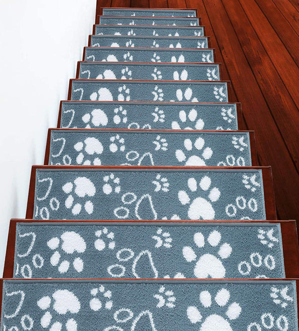 Stair Treads Rug 9"x28" Paw Collection | Teal & White