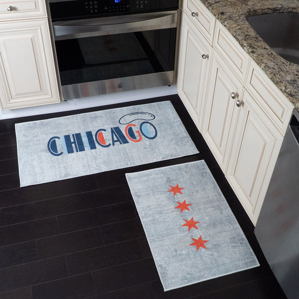 US States Chicago Design Non Skid Washable Kitchen Runner Rugs Set of 2| 44 x 24 and 31.5 x 20 Inches Floor Mats|Ivory