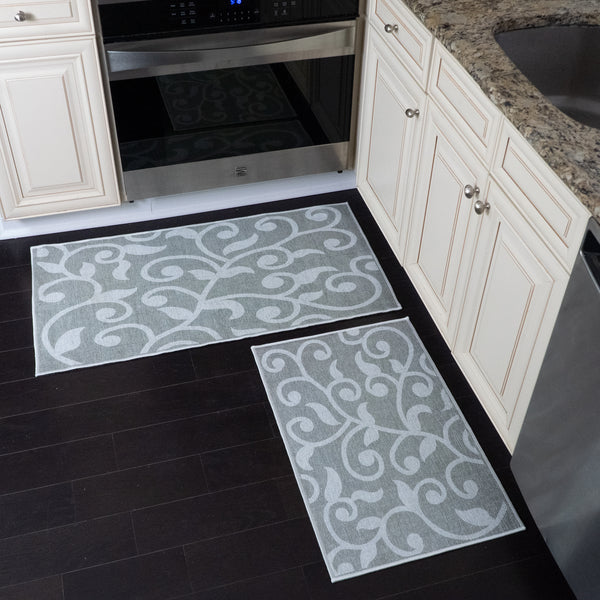 Floral Design Non Skid Washable Kitchen Runner Rugs Set of 2| 44 x 24 and 31.5 x 20 Inches Floor Mats |Gray