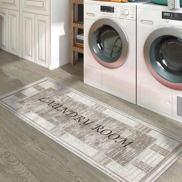 Non Skid Washable Laundry Room Rug Runner - 20" x 59" | Brown&Cream