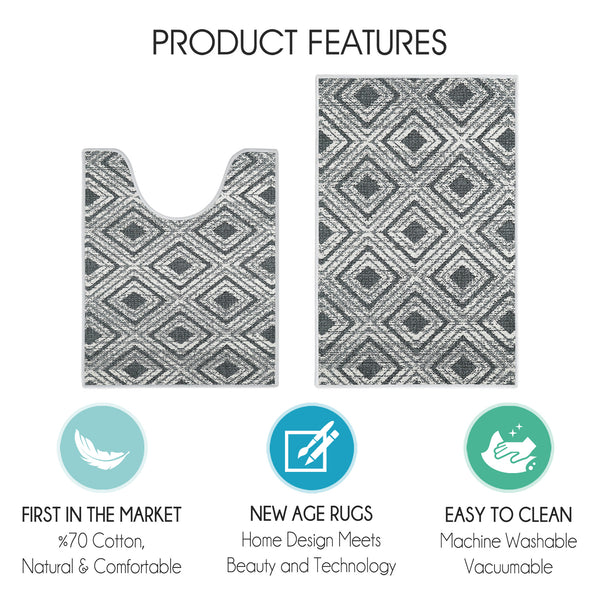 Geometric Design 2 Piece Bathroom Rugs Set | Gray2