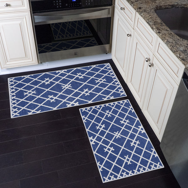 Geometric Design Non Skid Washable Kitchen Runner Rugs Set of 2| 44 x 24 and 31.5 x 20 Inches Floor Mats |Navy