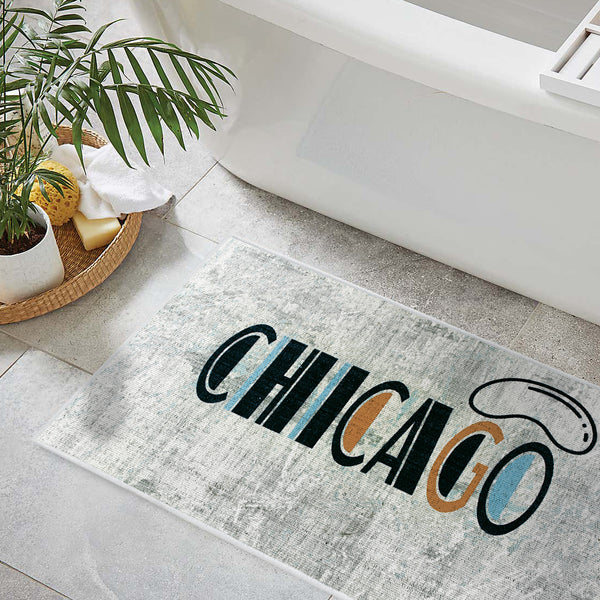 US States Chicago Design 3 Piece Bathroom Rugs Set |Ivory