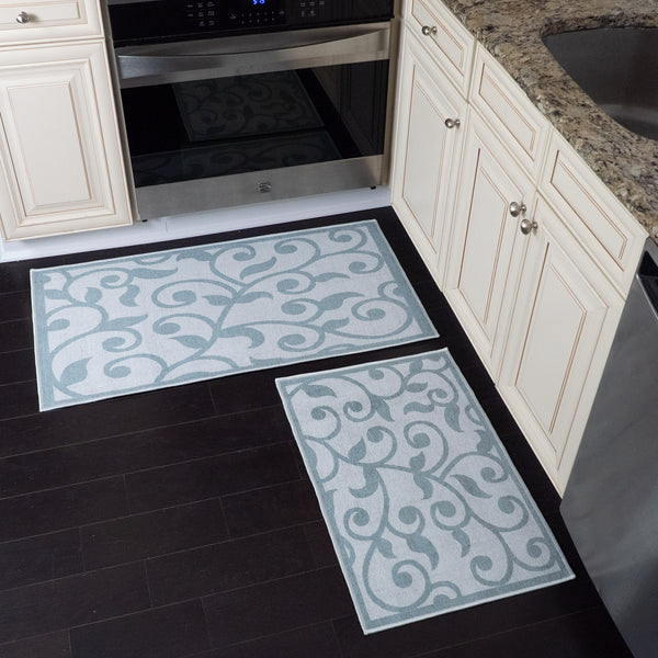 Floral Design Non Skid Washable Kitchen Runner Rugs Set of 2| 44 x 24 and 31.5 x 20 Inches Floor Mats | Gray&Teal