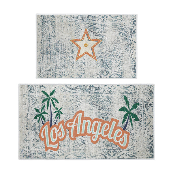 US States Los Angeles Design Non Skid Washable Kitchen Runner Rugs Set of 2| 44 x 24 and 31.5 x 20 Inches Floor Mats |Orange