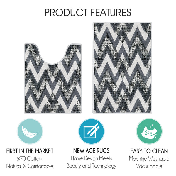 Chevron Design 2 Piece Bathroom Rugs Set | Gray