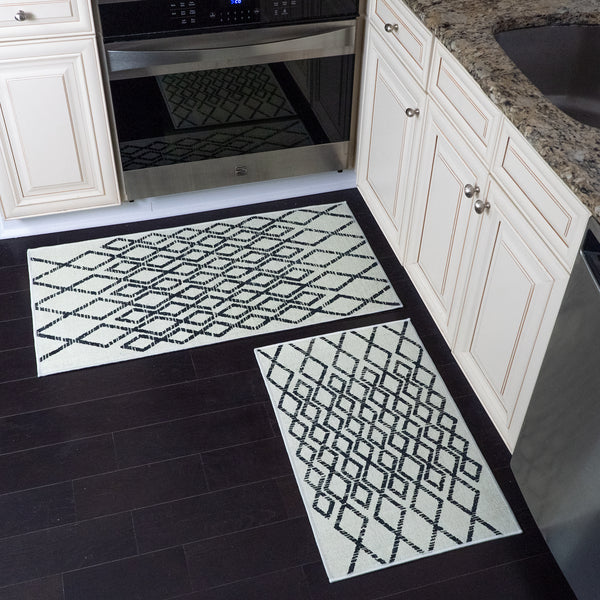 Geometric Diamond Design Non Skid Washable Kitchen Runner Rugs Set of 2| 44 x 24 and 31.5 x 20 Inches Floor Mats |Ivory