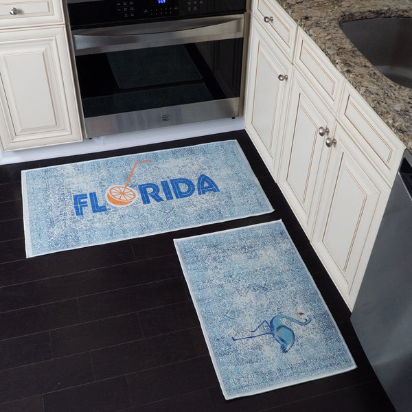 US States Florida Design Non Skid Washable Kitchen Runner Rugs Set of 2| 44 x 24 and 31.5 x 20 Inches Floor Mats|Silver