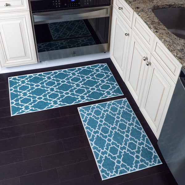 Geometric Graphic Design Non Skid Washable Kitchen Runner Rugs Set of 2| 44 x 24 and 31.5 x 20 Inches Floor Mats |Teal