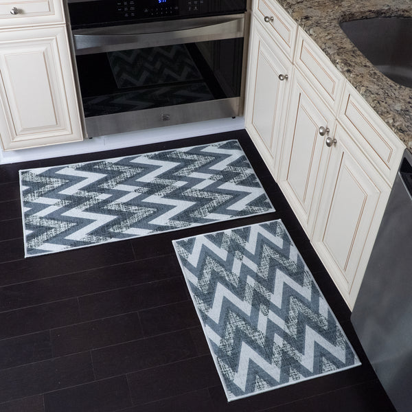 Chevron Design Non Skid Washable Kitchen Runner Rugs Set of 2| 44 x 24 and 31.5 x 20 Inches Floor Mats |Gray