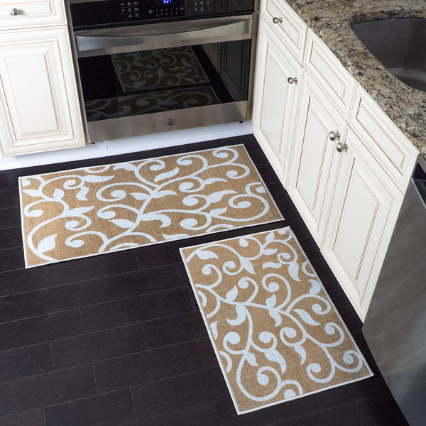 Floral Design Non Skid Washable Kitchen Runner Rugs Set of 2| 44 x 24 and 31.5 x 20 Inches Floor Mats |Beige