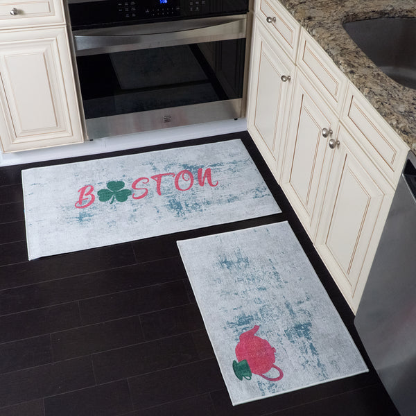 US States Boston Design Non Skid Washable Kitchen Runner Rugs Set of 2| 44 x 24 and 31.5 x 20 Inches Floor Mats |Green