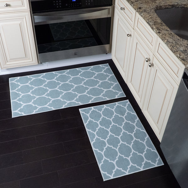 Geometric Design Non Skid Washable Kitchen Runner Rugs Set of 2| 44 x 24 and 31.5 x 20 Inches Floor Mats |Light Teal